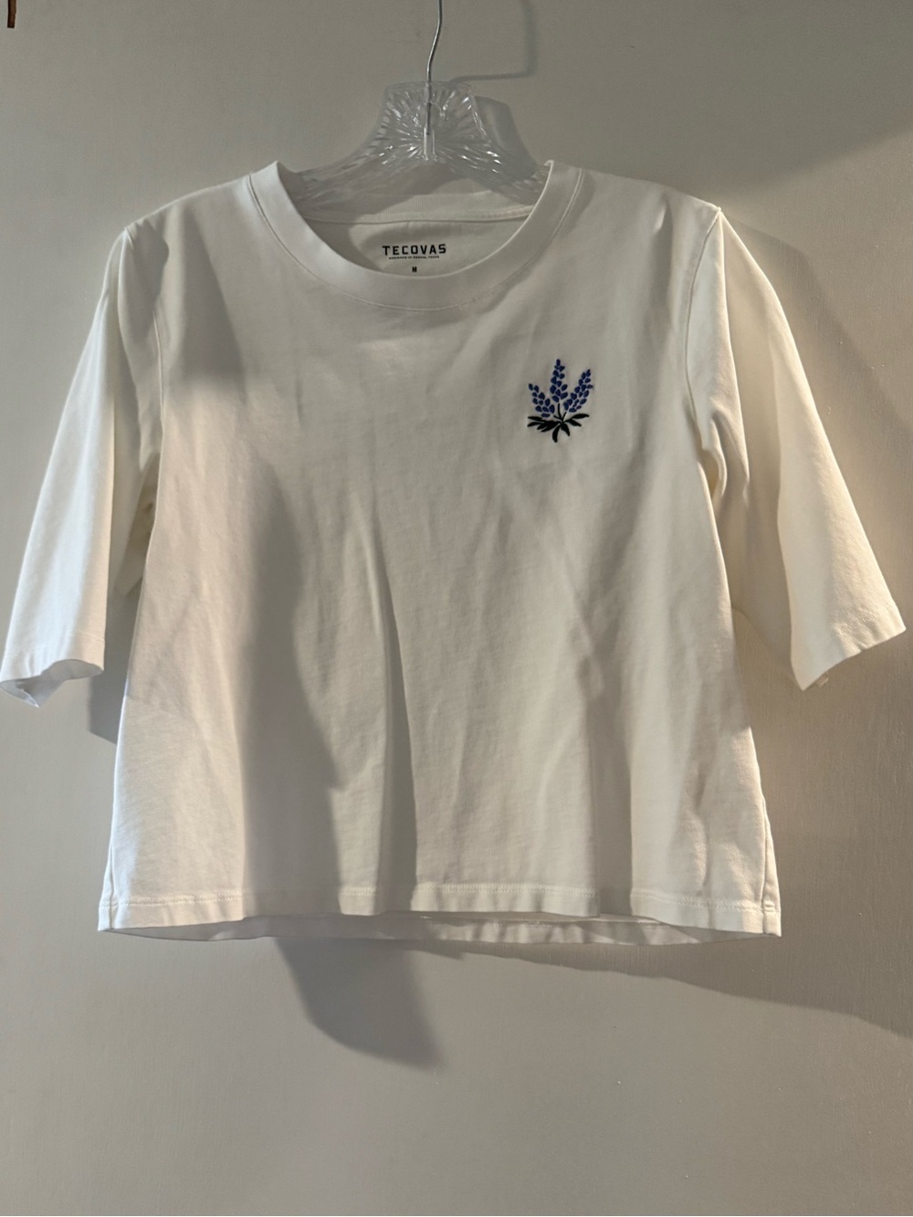 Tecovas White Short-Sleeve boxy Tee with Blue Embroidered Detail